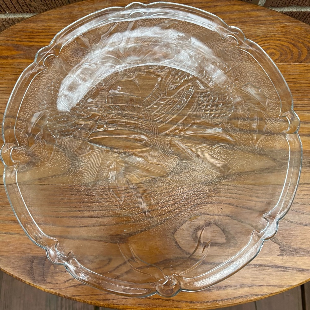 Clear Glass Serving Platter Tray Plate Christmas Bells Holly Pine Cones Winter